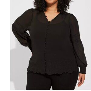 GUC Torrid Chiffon Ruffle Collar Eyelet Embroidered Blouse